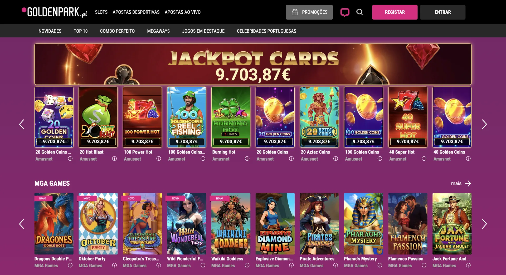 Ecrã do casino GoldenPark com Jackpot Cards e jogos da MGA Games